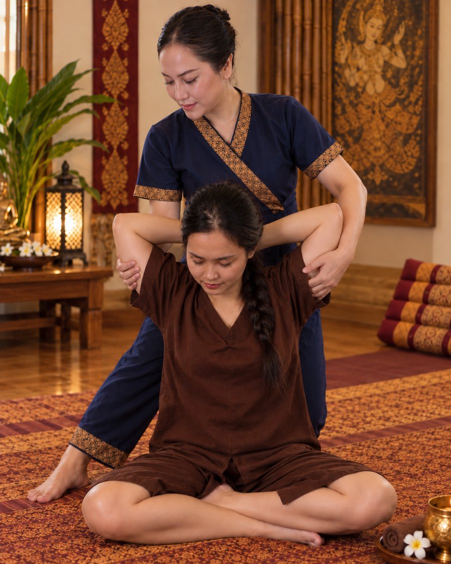 Thai massage stretch treatment in a calm studio