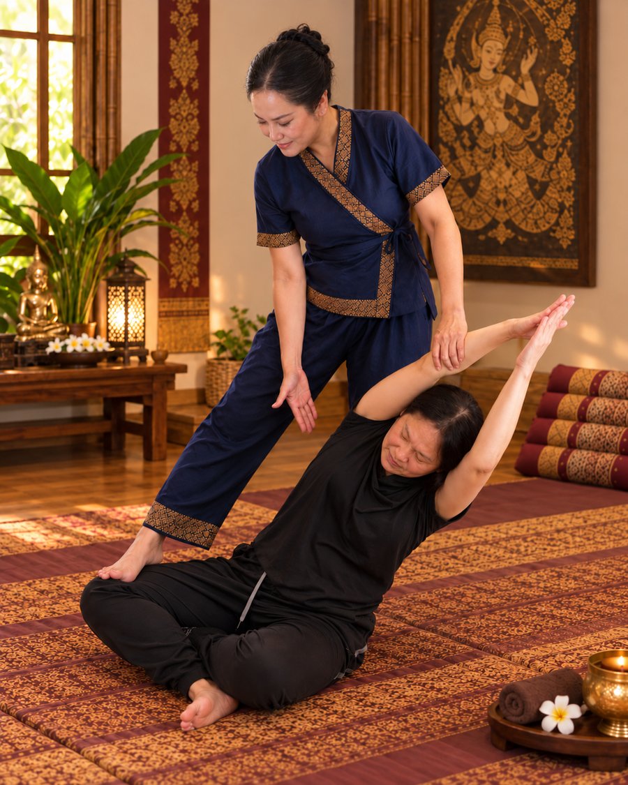 Therapist guiding a seated arm stretch